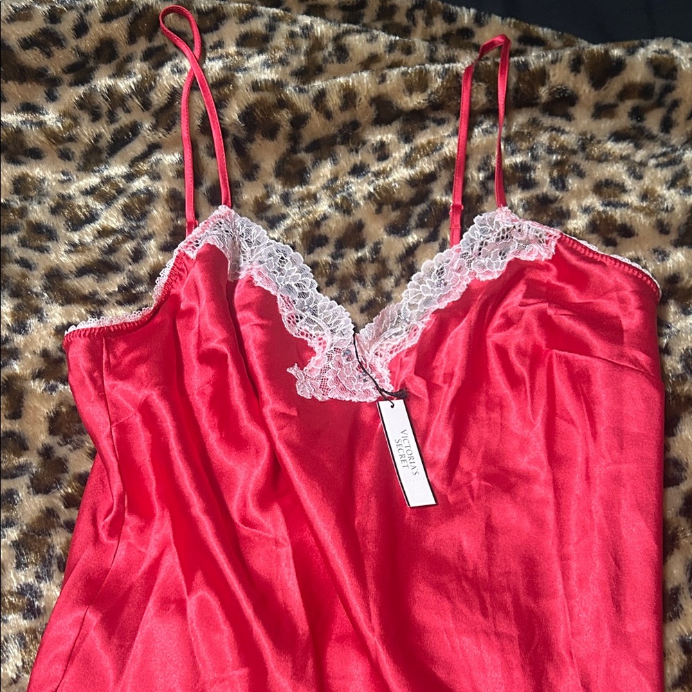 Victoria's Secret Pink Red Satin Chemise with Lace Trim